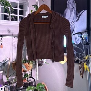 Aeropostale Brown Ribbed Knit Zip Up Hoodie Crop Top Womens‎ Sweater